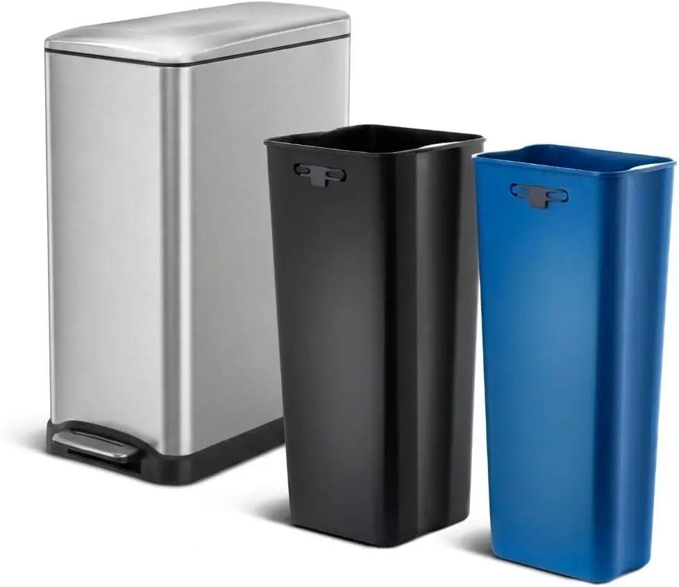 

Мусорное ведро для кухни объемом 13 галлонов, узкое, с двумя отделениями, крышкой с плавным закрыванием, педалью, из нержавеющей стали, серебристое