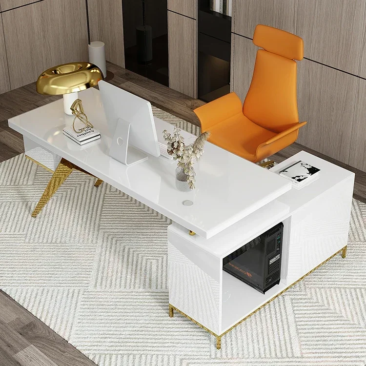 Luxury Office Furniture Working Desk with drawers and gold stainless steel frame glass top computer work table