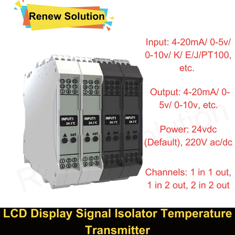 Intelligent LCD Display Signal Isolator High Precision Temperature Transmitter 1 in 2 out 4-20ma 0-10V PT100