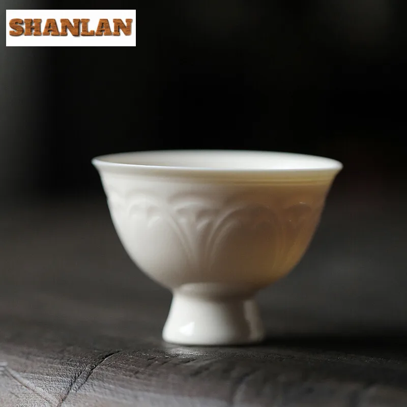 2pc/set Retro Plant Ash Galze Tea Cup Beige Jade Porcelain Master Cup Meditation Cup Relief High Foot Cup Kung Fu Teaset 50ml