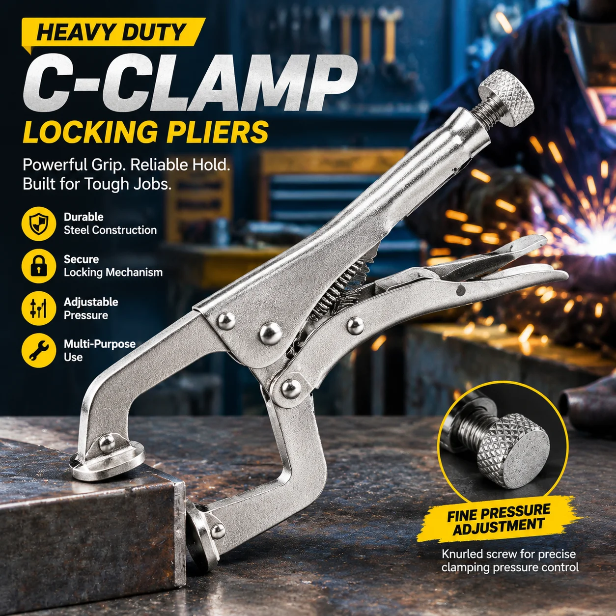 Heavy-Duty C-Clamp for Metalworking, Industrial-Grade Steel Clamp, 6/9/11-Inch, Welding, Cutting, Grinding, Workshop Fixture