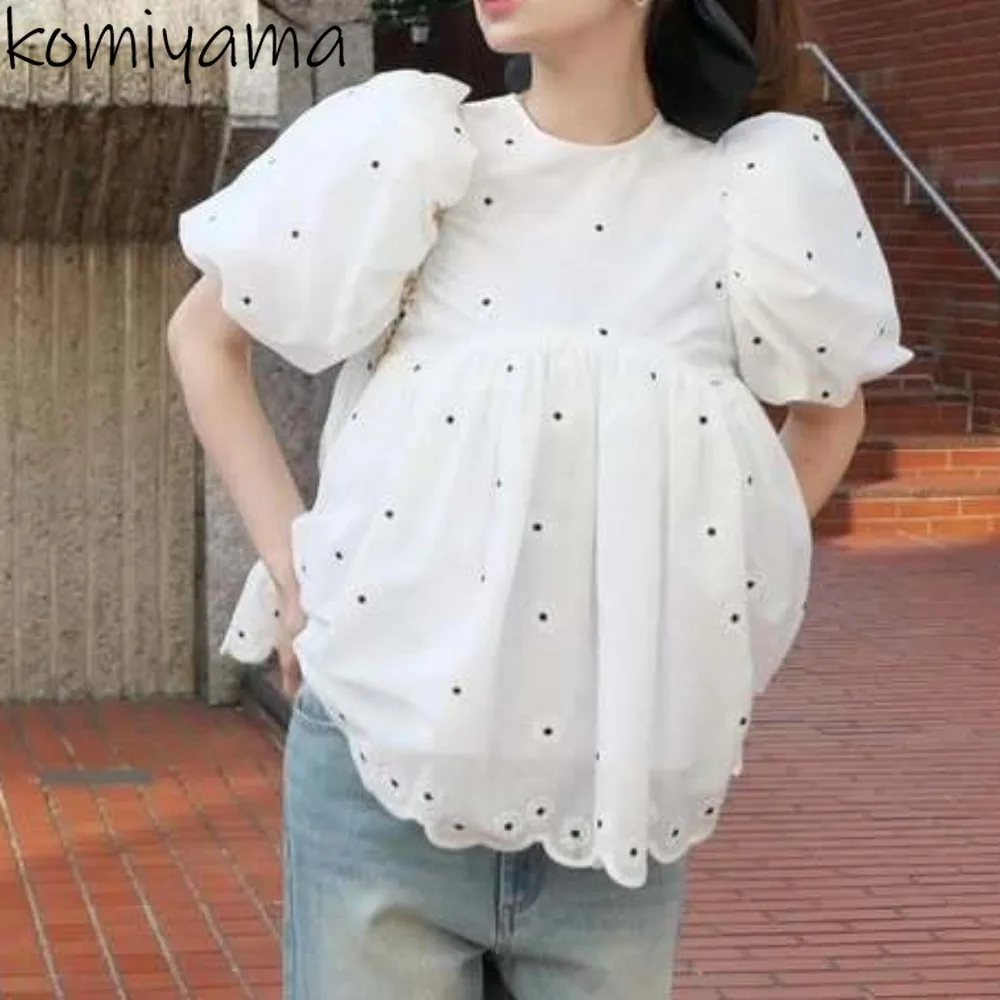 

Loose Pleated Clothing Summer Embroidery Woman 2025 Shirts Blouses O-Neck Puff Sleeve Blusas Mujer Japan Sweet Ropa New Camisas