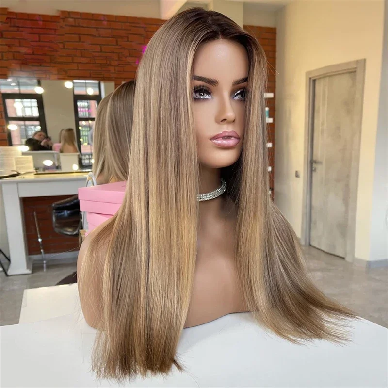 

26inch 5x5 Silk Base Silky Straight Jewish Human Highlight Blonde BabyHair HD Lace Font Wig European Hair Preplucked Glueless