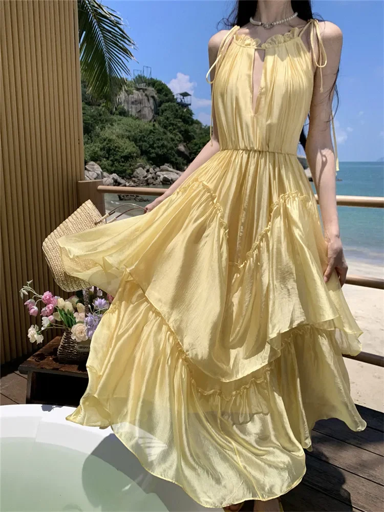 Fashion Summer Holiday Yellow Long Dress New Women Sexy Hollow Out Irregular Slip Dress Sleeveless Beach Seaside Fairy Dress