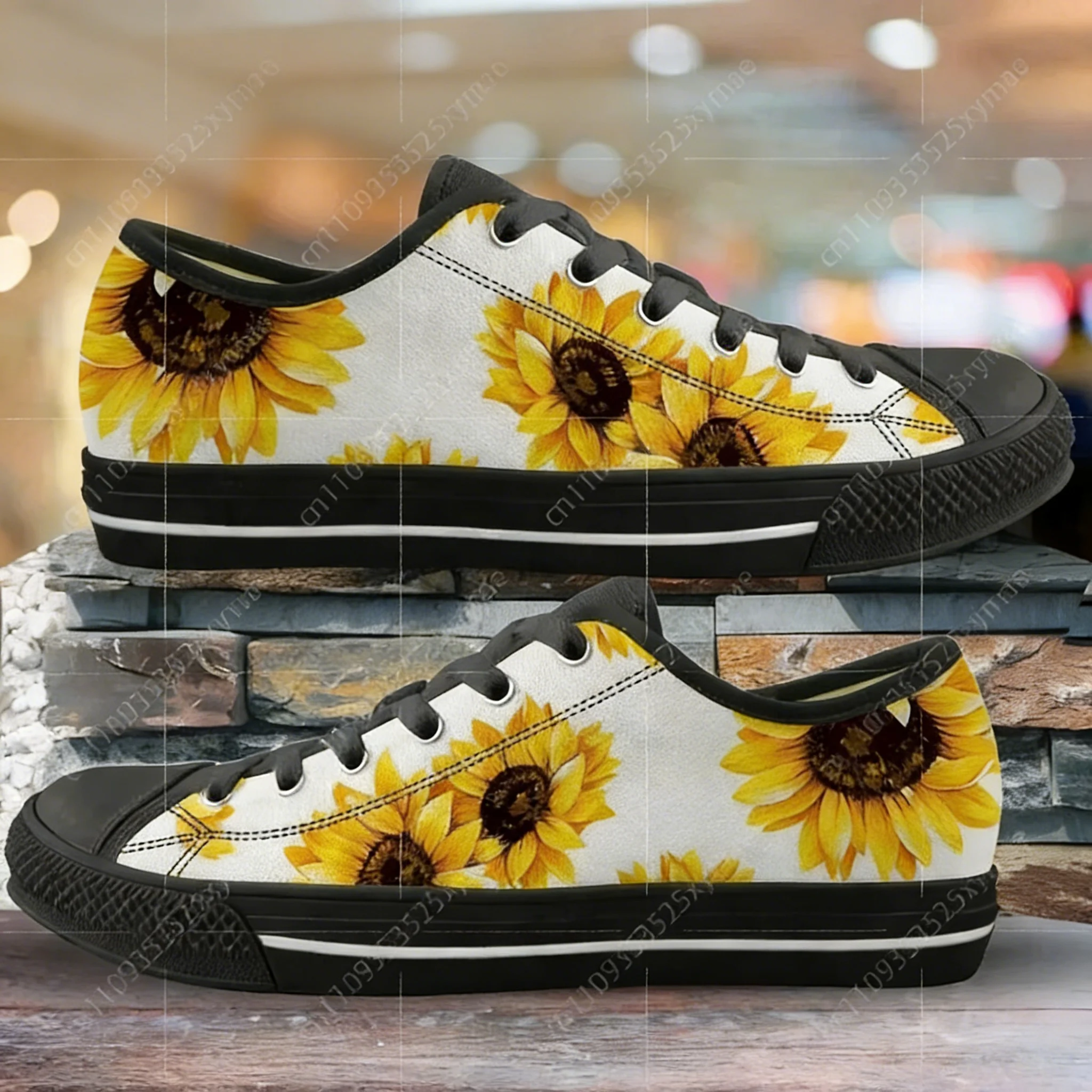 

Кроссовки для женщин, красивые, с желтыми цветами и подсолнухами, низкие, белые и черные, из канваса, дизайнерские, женские туфли, Zapatos Para Mujeres