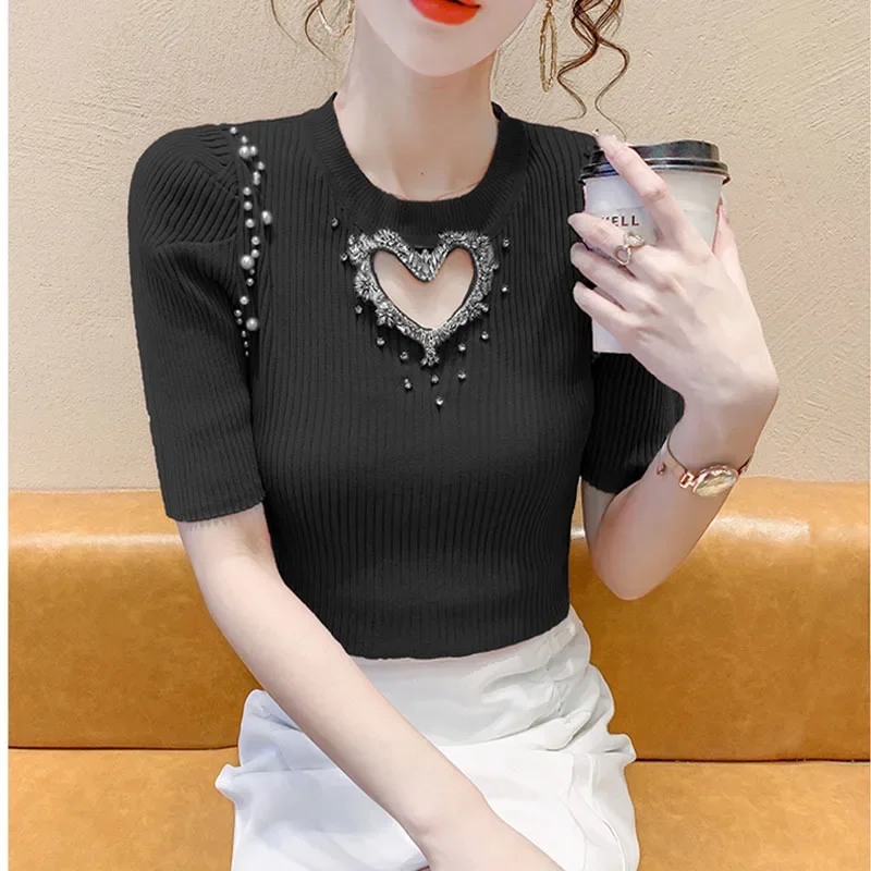 Summer Elegant Diamond Pearl Beading Short Pullover Sweater Fashion Thin Elastic Knitted Puff Short Sleeve O-Neck Knitwear