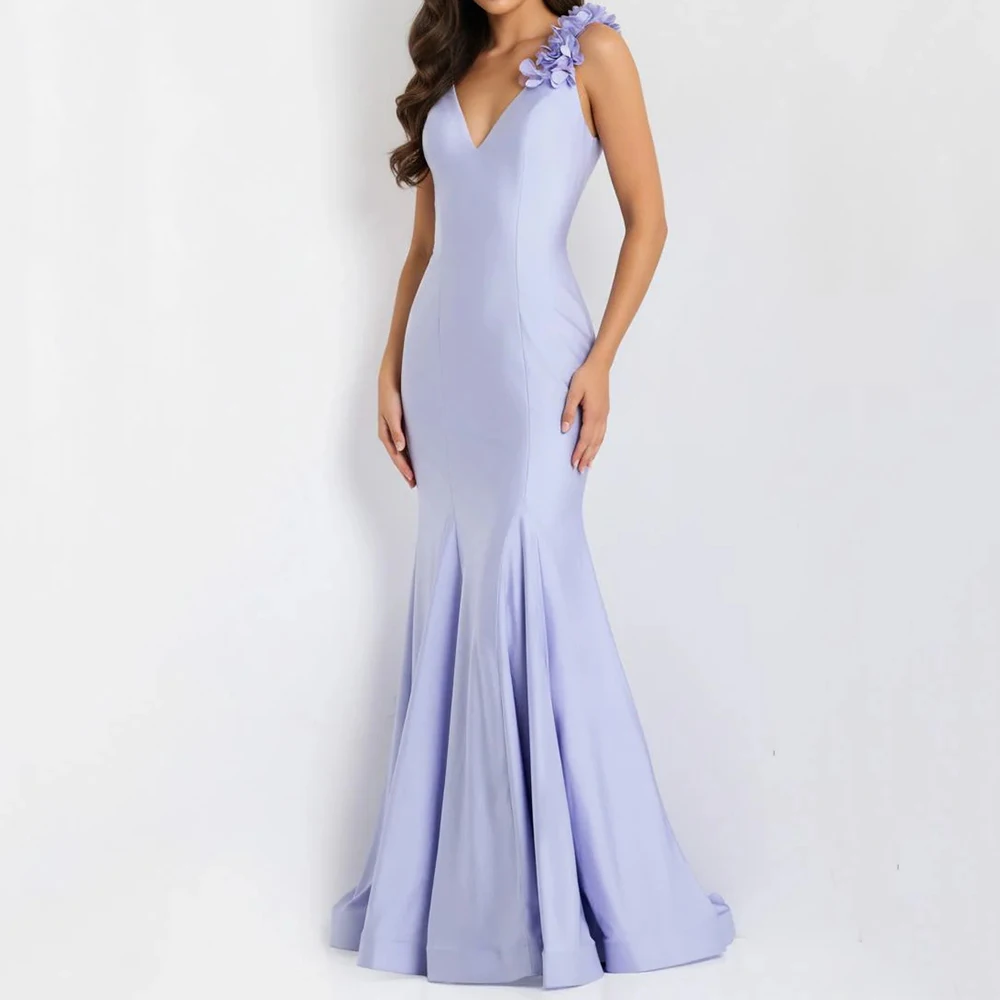 Customized Mermaid Evening Dresses Floor-length V-neck Sleeveless Prom Gown Fashion Flowers Simple Draped Backless Party Gown