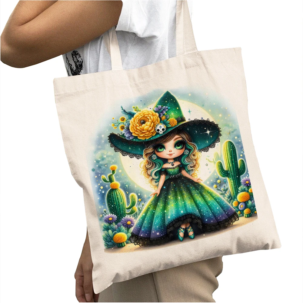 

Cartoon Green Cactus Princess Big Shopping Bags Eco Double Print Casual Women Shopper Bag Lady Shoulder Tote Girl Child Handbags