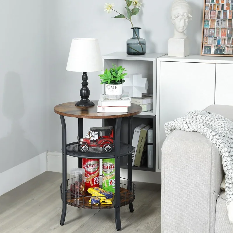 Ironwood Round Side Table Vintage Floor-Standing Storage Shelf for Living Room/Bedroom