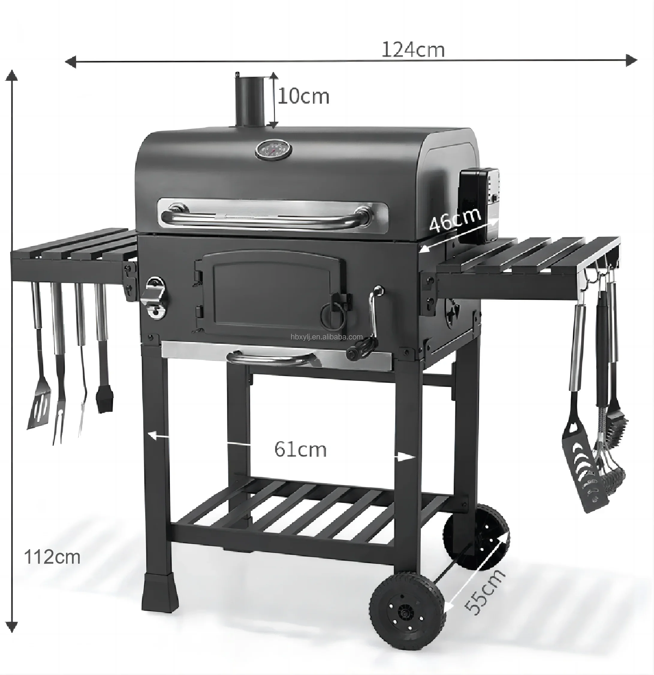 Outdoor Charcoal Grill Tolerable Smokeless BBQ Stove Backyard Large Trolley Smoker With Foldable Bi-side Tables