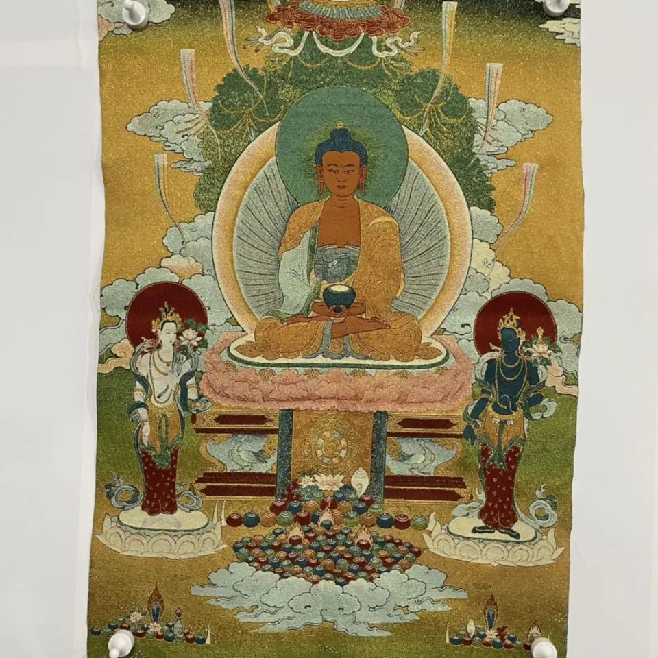 

Thangka Embroidery Tibetan Buddhist Silk Brocade Nepal Sakyamuni Amitabha Buddha Statue Painting Mural Crafts