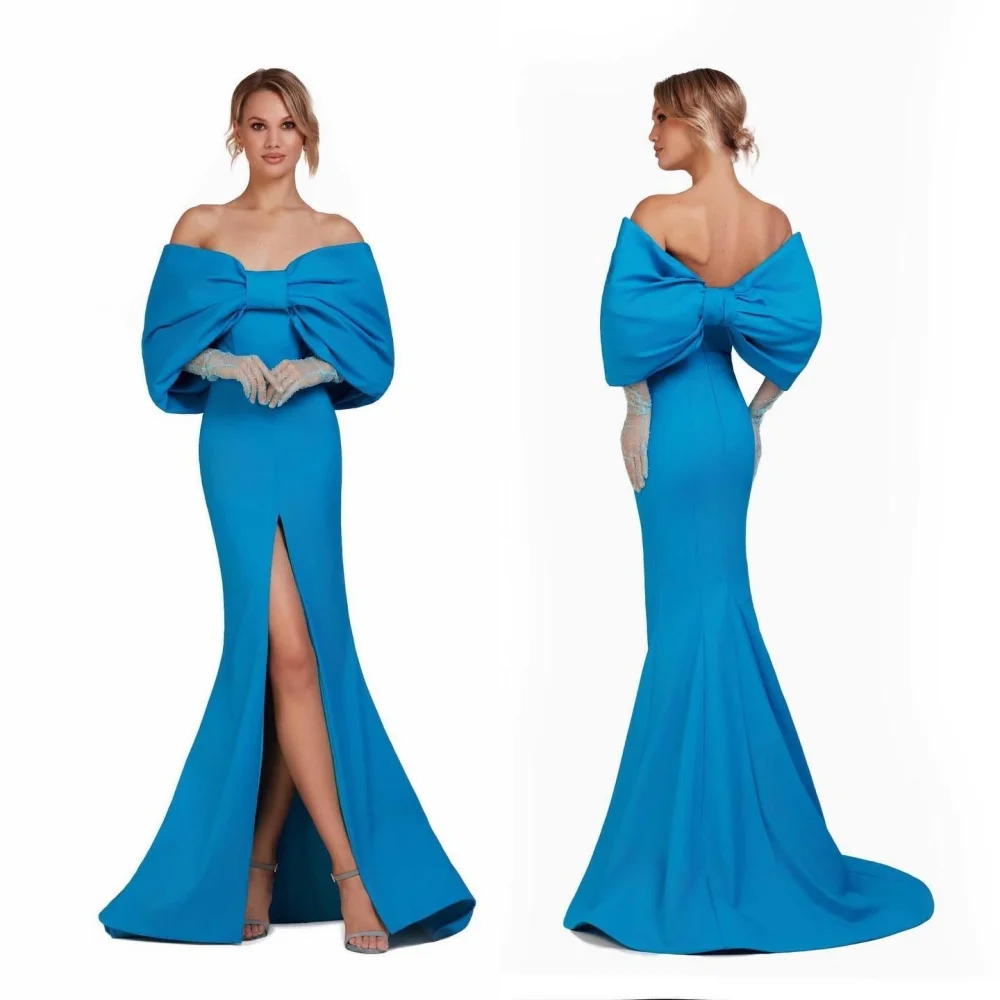 

Customized Simple Off-the-shoulder Mermaid Floor Length Evening Dresses Bows Satin Customized