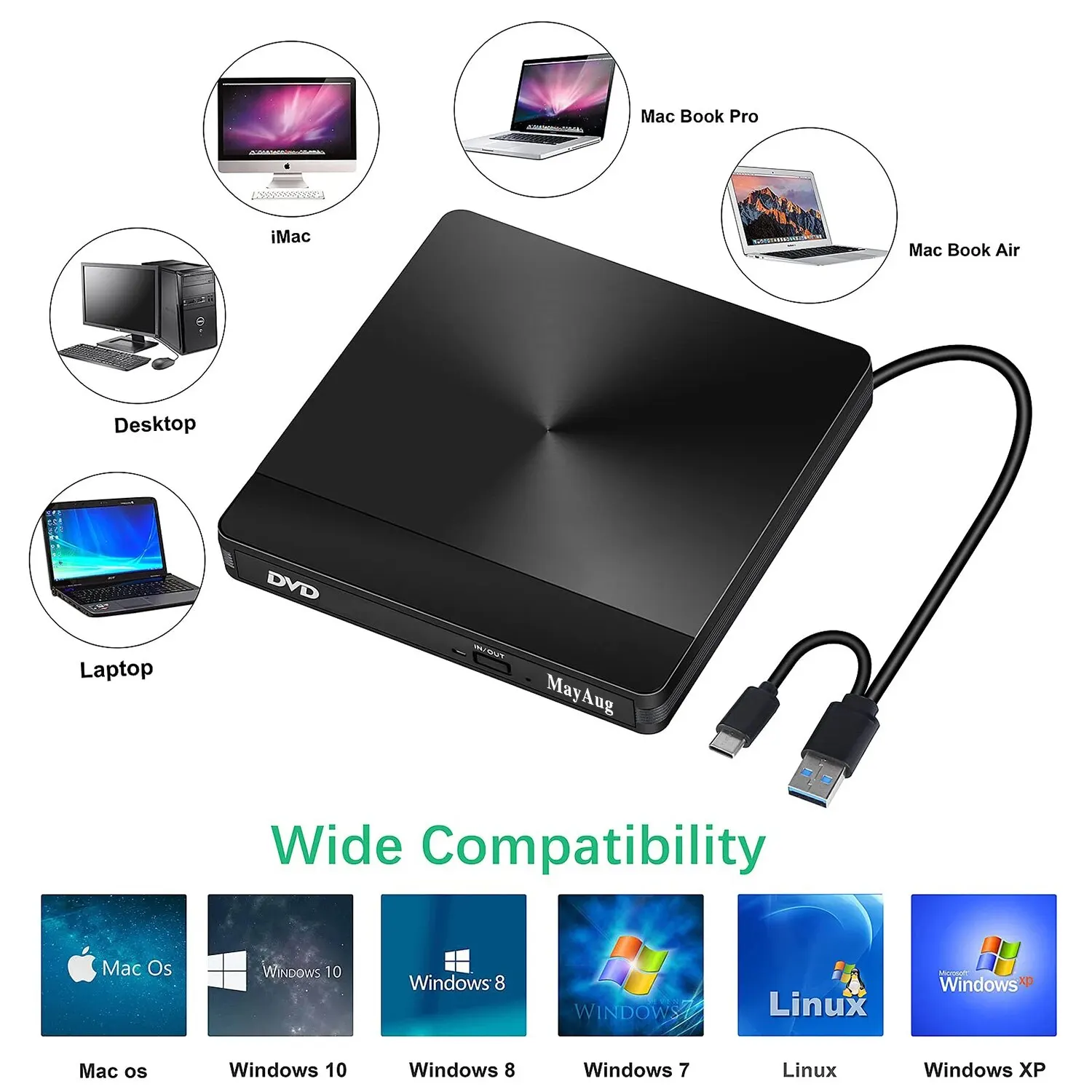Unidade Externa para PC e Tablets, USB 3.0, DVD-RW, CD-RW, Queimador, Gravador, Unidade Óptica, CD, DVD ROM Writer
