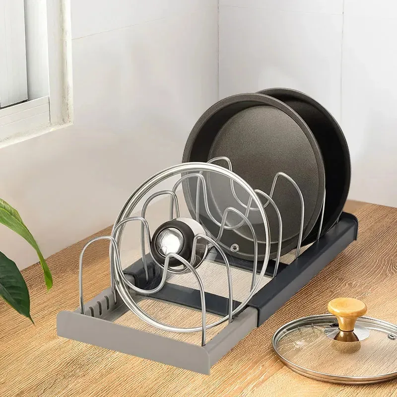 Solution Expandable Stainless Steel Rack-Kitchen Storage for Pan Pot Lid Cutting Board Dish Drying and Cookware Organizer