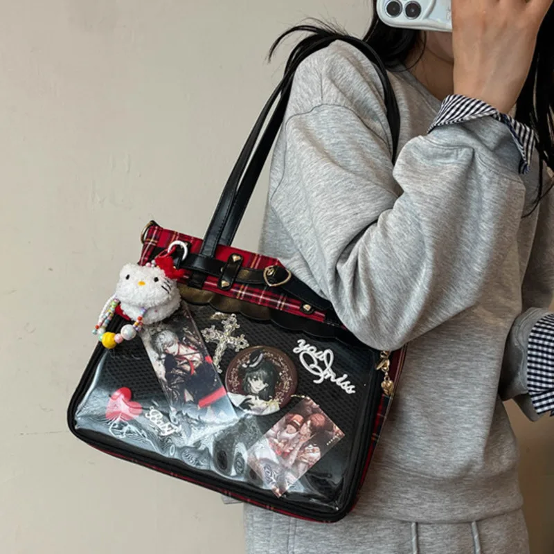 

Pink Plaid Y2k Cute Shoulder Bag Heart Rivet Lolita Girls Itabag Transparent Harajuku Messenger Bag Anime Kawaii Pain Bags Women