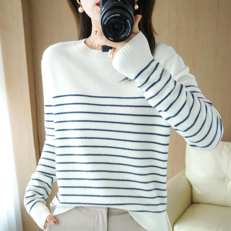 2022Early Autumn Low round Neck Half-Length Striped Sweater Women\'s Narrow Striped Long Sleeve Knitted Bottoming Shirt Slimming