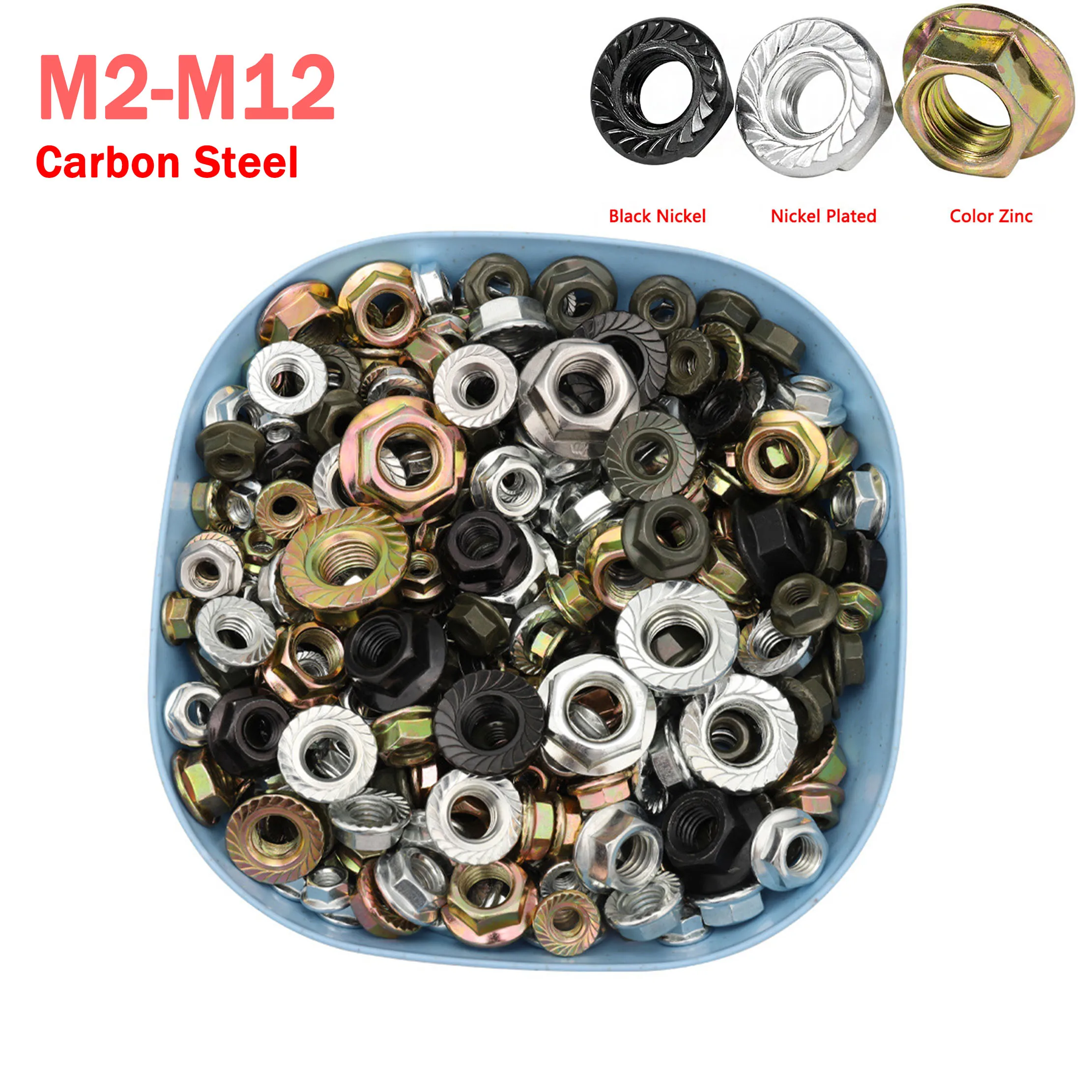 M2 M2.5 M3 M4 M5 M6 M8 M10 M12 M16 Black Nickel-plated Color Zinc Serrated Spinlock Hex Flange Nut Carbon Steel Flange Lock Nuts