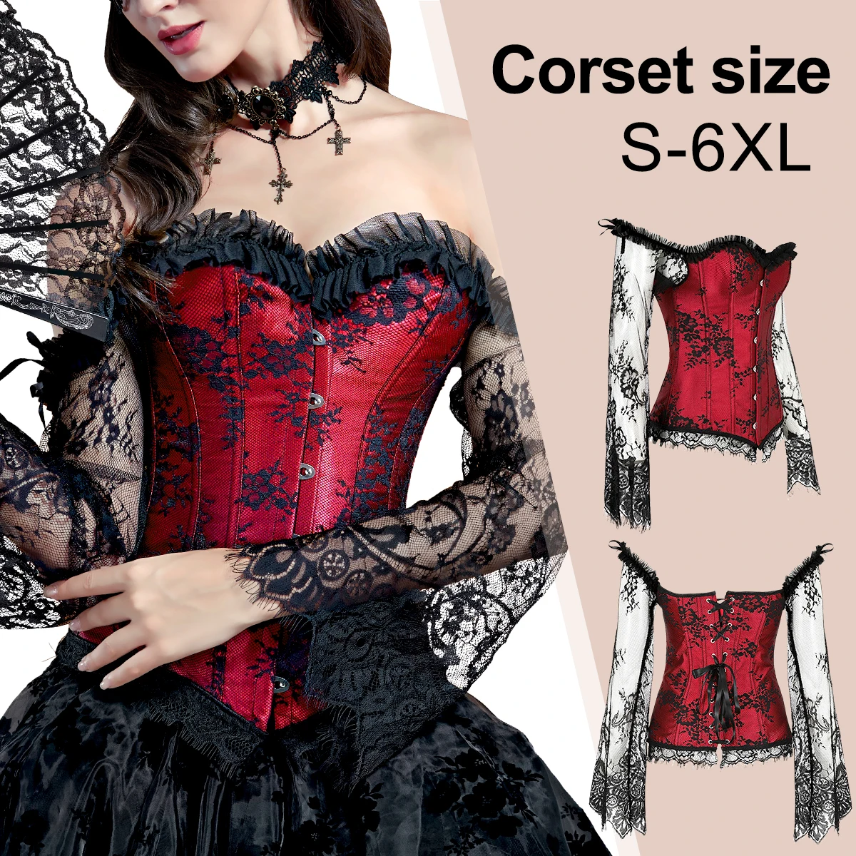 Gothic Corsets for Women Victorian Blouse Tops Off Shoulder Black Red Floral Corset Long Sleeves Lace Up Medieval Corset Bustier