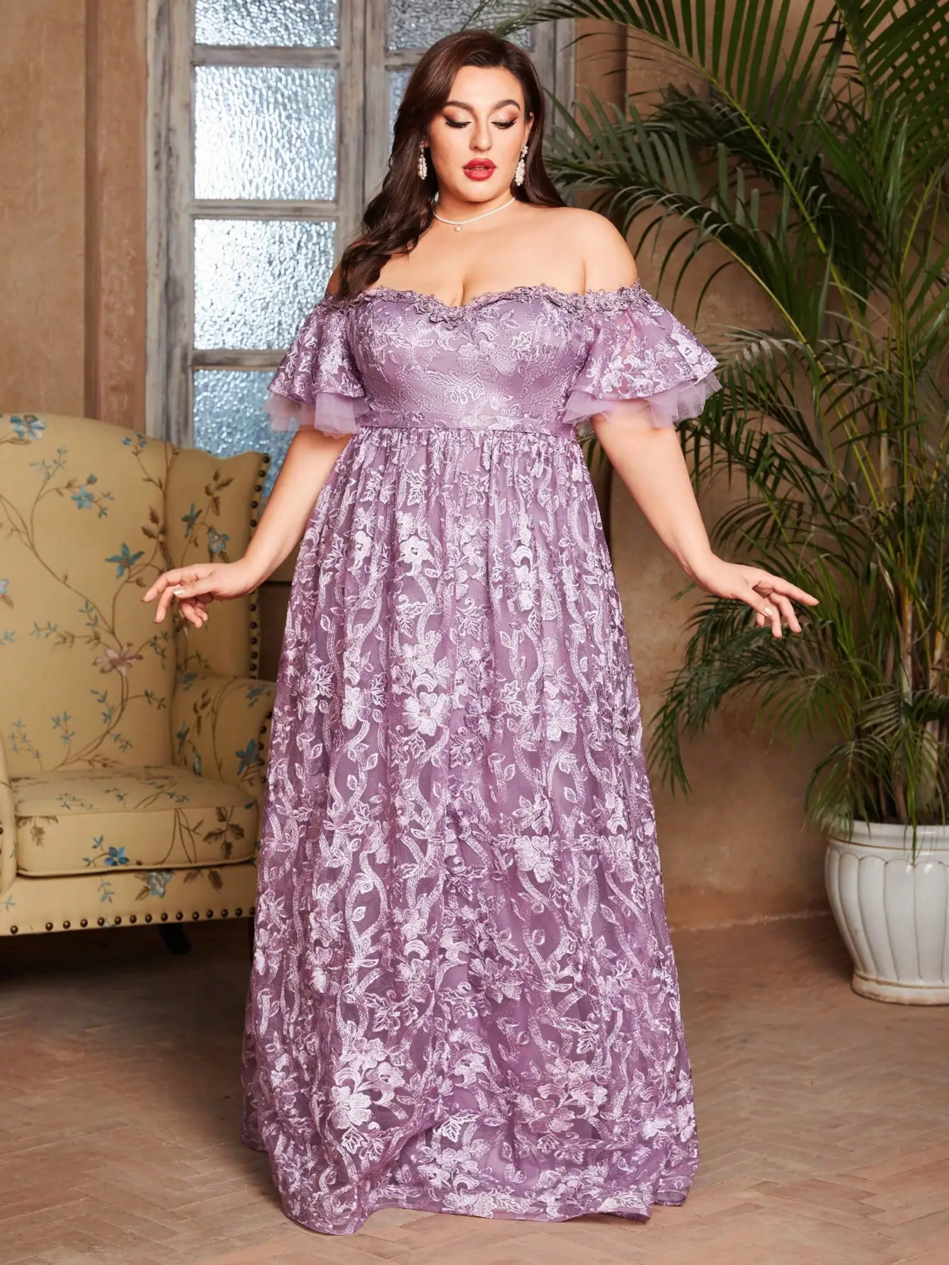 

MGIACY Large women's fashionable one necked flared sleeve embroidered lace long skirt