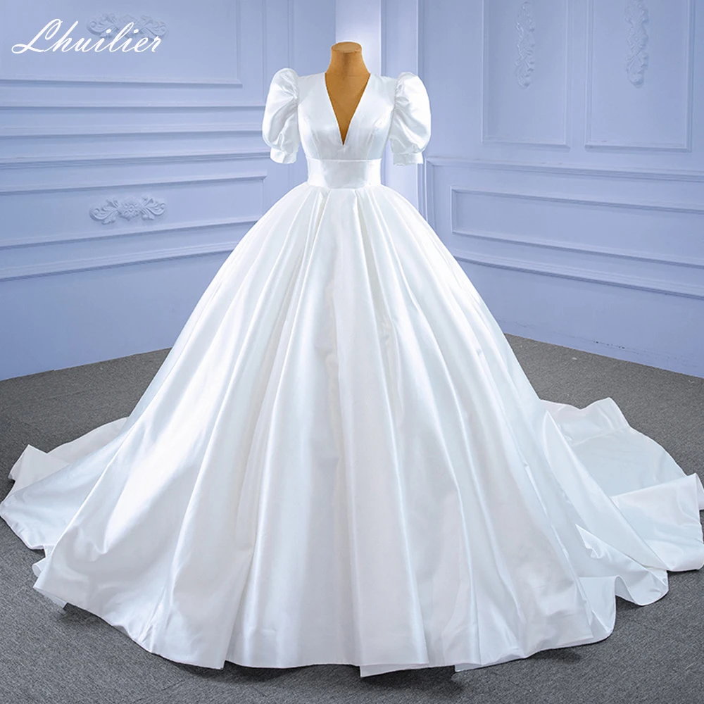 Lhuilier Customized V Neck Ball Gown Satin Wedding Dresses Short Puff Sleeves Bridal Gown with Chapel Train