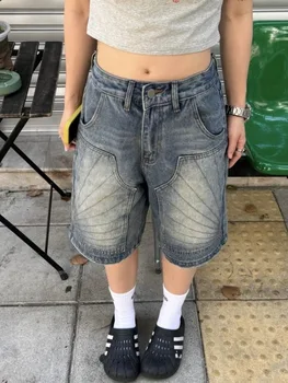 HOUZHOU Vintage Washed Y2k Jorts Women Streetwear Baggy Grunge Blue Denim Shorts Oversized Harajuku Aesthetic Knee Length Jeans