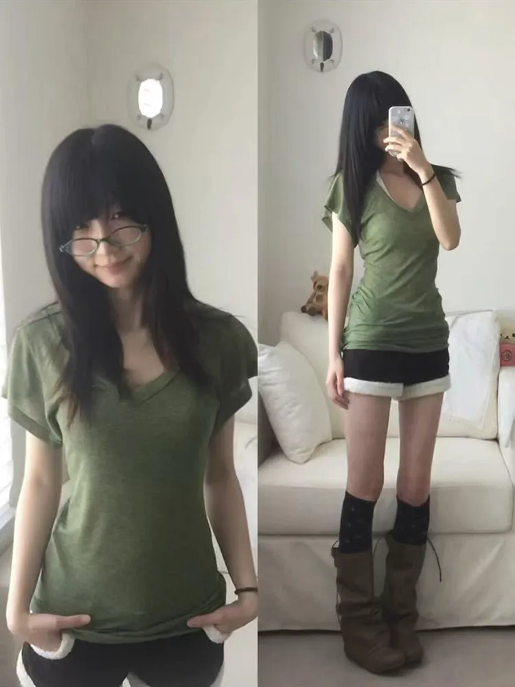 Millennium Hot Girl Retro Moss Green V-neck Short Sleeve T-shirt Women Summer Elegant Beautiful Batwing Sleeve Waist-cinching...