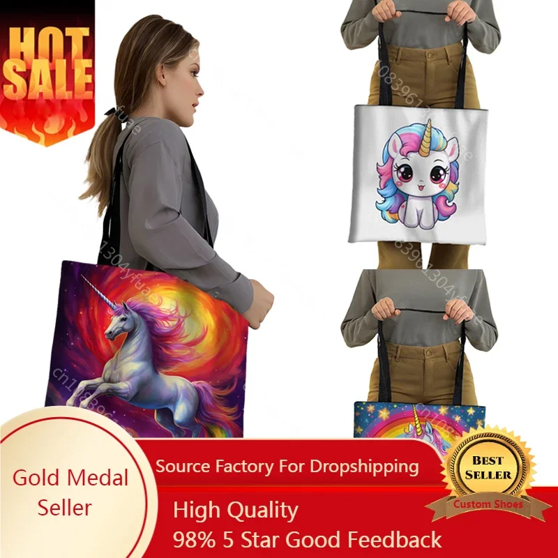 Cartoon Unicorn Print Tote Bags Fantasy Rainbow Unicorns Women Handbag Large Capacity Shoulder Bag Reusable Shopping Bags Gift