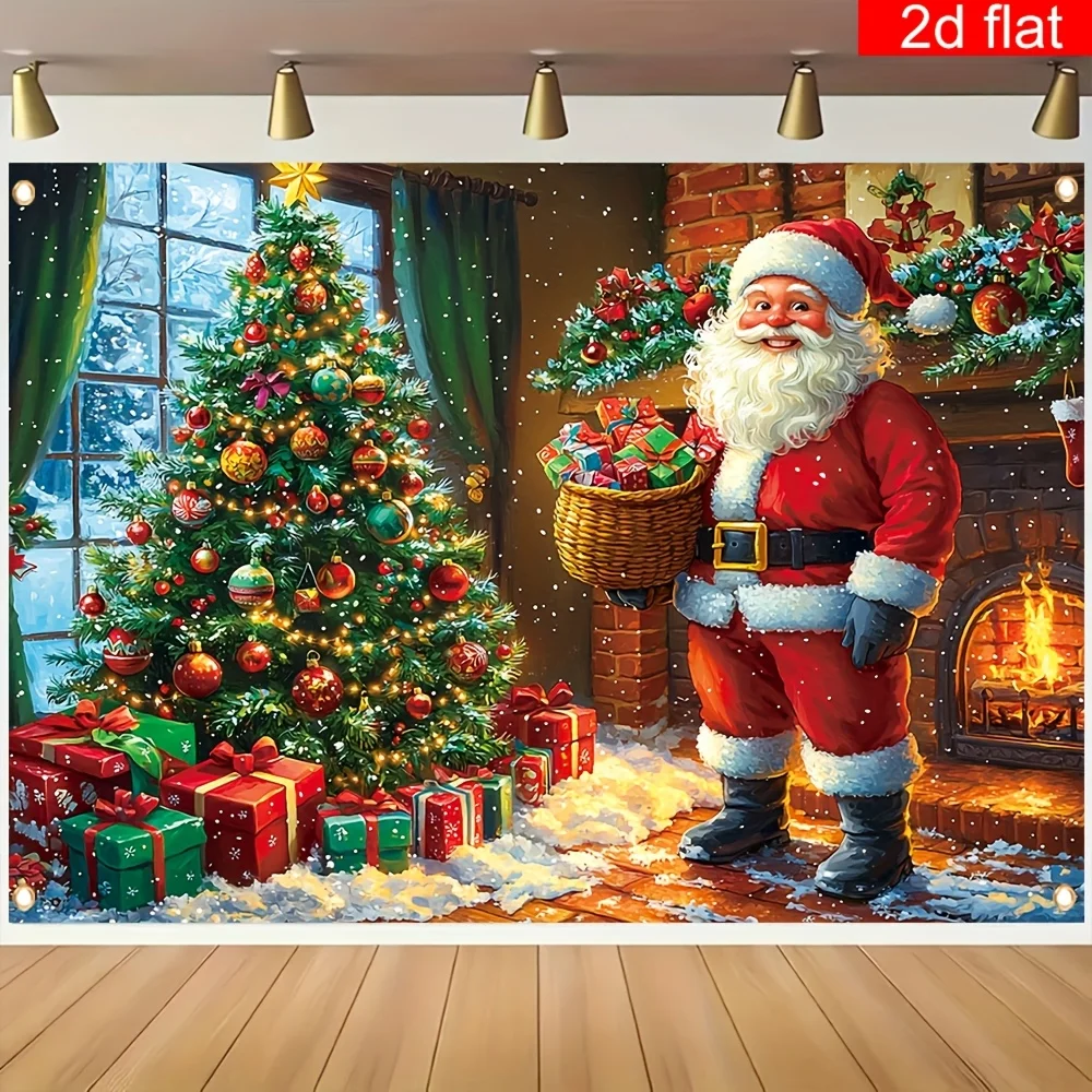 1 لافتة خلفية للتصوير الفوتوغرافي لعيد الميلاد المجيد - تصميم سانتا كلوز وشجرة عيد الميلاد، مع 4 فتحات لسهولة التعليق #1