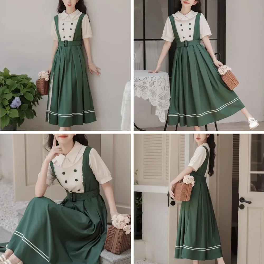 

Elegant Lolita Patchwork Dress Women's Short Sleeve Summer Dress with Ruffles & Vest