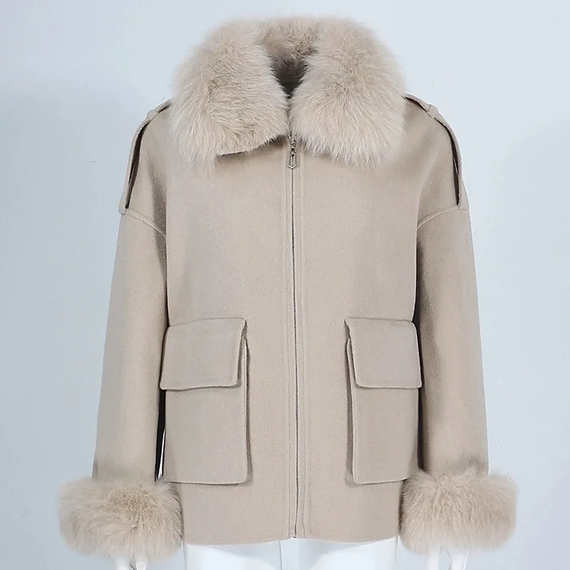 

Autumn Winter Short Double-sided Wool Coat Removable Fox Fur Collar Jacket for Women Jacket Women Natural Fox Collar Cuffs