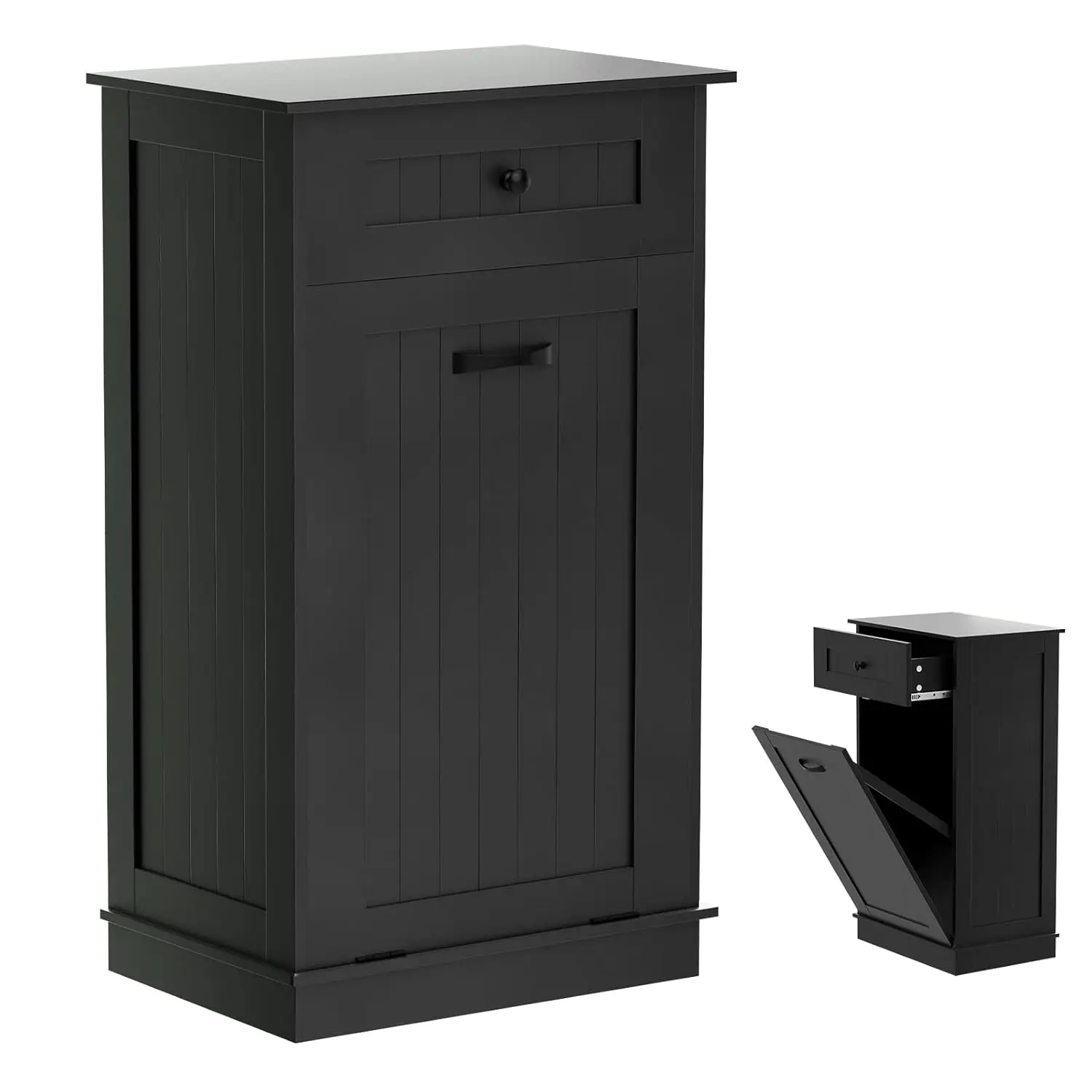 

Wooden Tilt Out Trash Cabinet Bin, Dog Proof Garbage Can Holder, Kitchen Island with Laundry Hamper, Black