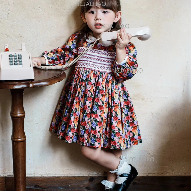 2026 Children Girls HandOil Painting Rose Flower Princess Gown Spring Autumn Costume Smocked Dress Kids Long Sleeve Vintage
