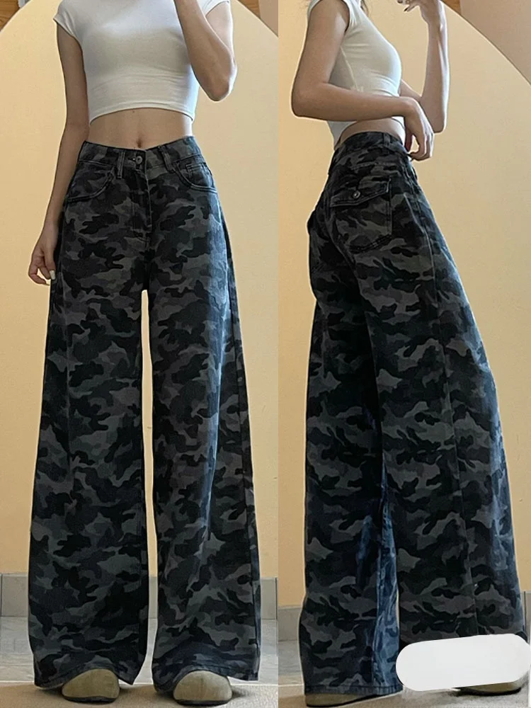 

American Style High Waist Loose Fit Camouflage Denim Pants Women's Fashion Summer 2025 New Arrival Slim Straight Workwear Wid...