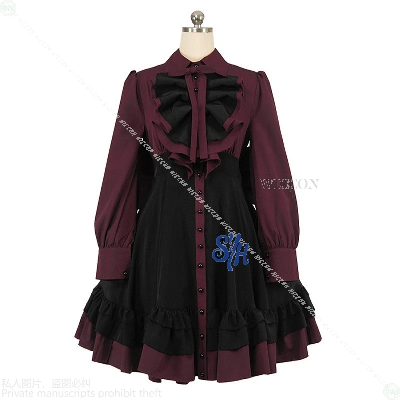 أحمر داكن أسود القوطية القوس كعكة فستان أنيمي اليابانية جيراي كي الفتيات تأثيري Kawaii الحلو لوليتا خادمة هالوين البدلة