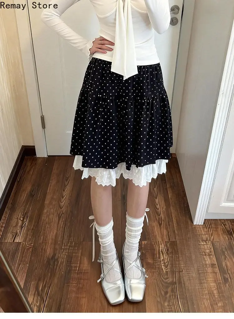 Summer Autumn Elastic Waist Lace Trim Polka Dot Skirt Women Layered A-Line Midi Skirt Elegant Chic Casual Daily Korean Fashion