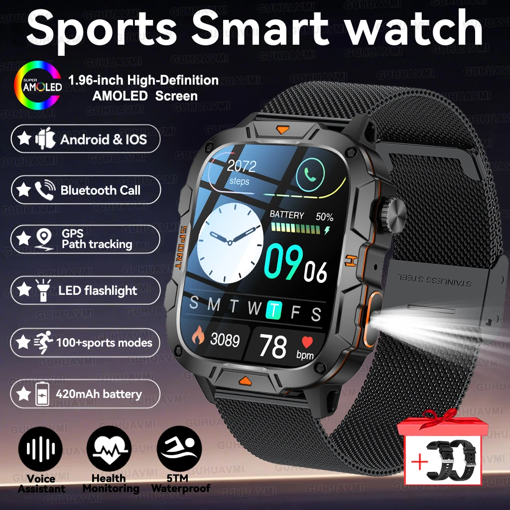 2025 For Xiaomi Outdoor Sports Smart Watch GPS trackr 5ATM Flashlight 1.96" HD Display Screen Bluetooth call Men Fitness Watches