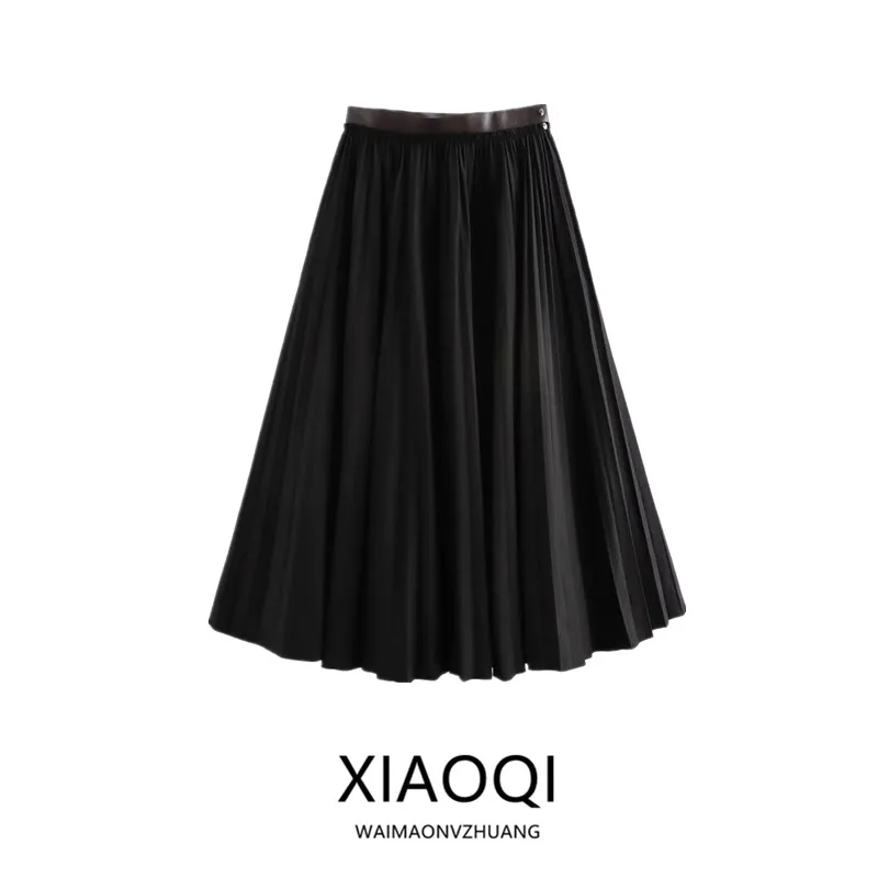 

Осень-зима, новая женская кожаная плиссированная юбка-миди со средней талией, 2024, сезонная модная универсальная лоскутная юбка средней длины
