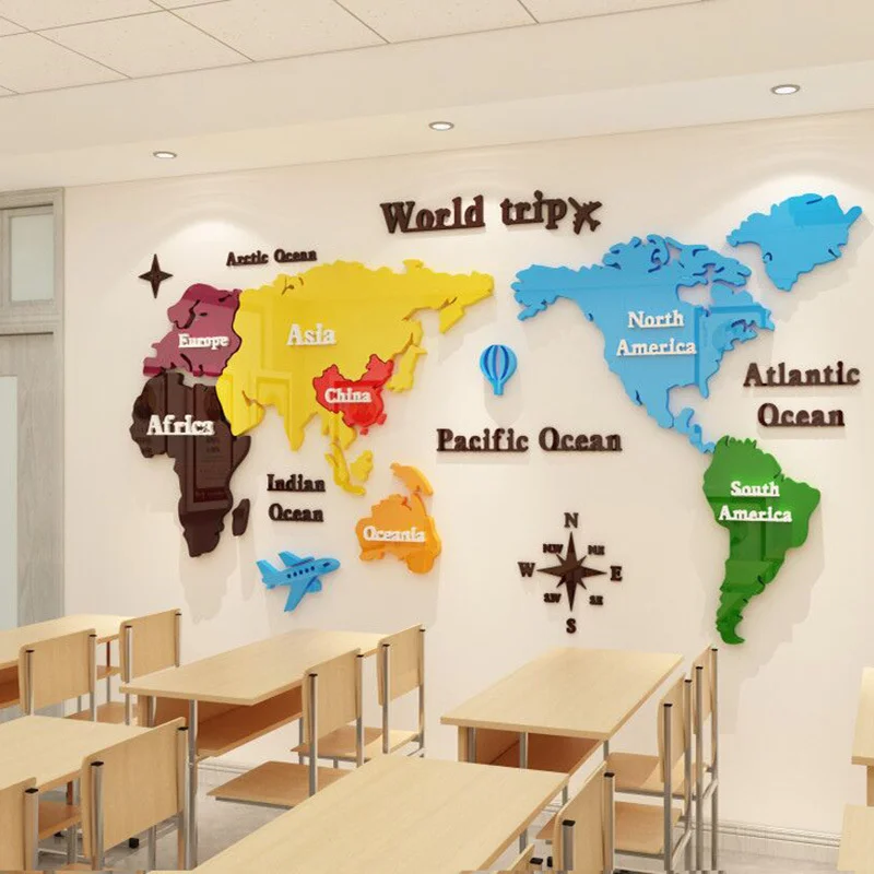 Colorful World Map Wall Sticker for Home, Living Room, Acrylic Office Culture Decor, Decorative Mirror Wallpaper, Mural Decal