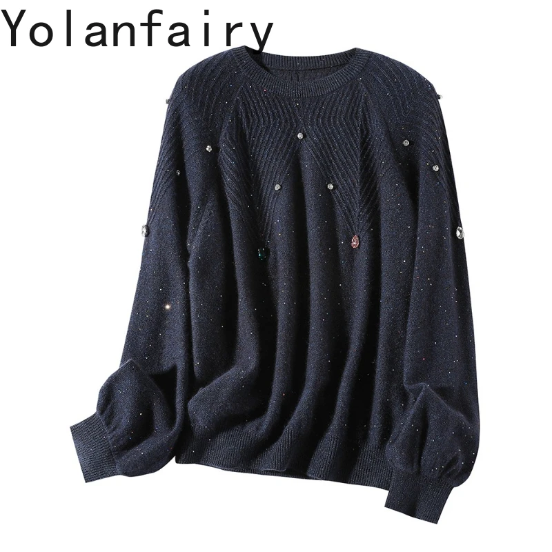 

YOLANFAIRY 35% кашемир, 15% шерсти, свитера для женщин, осень-зима, корейские модные топы с длинными рукавами, ленивый свитер, пуловеры Femme
