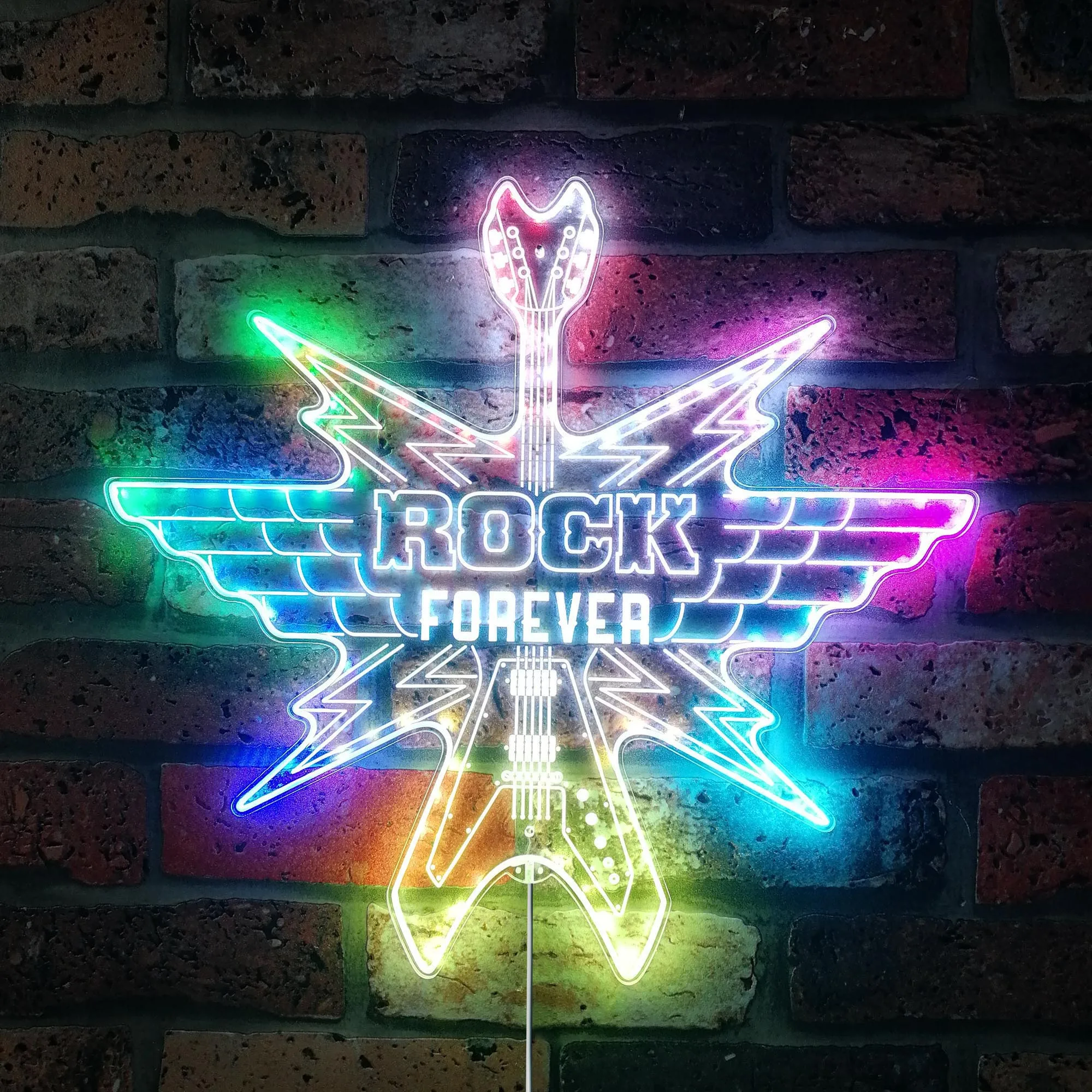 Guitar Rock Forever Brick Wall Lightning Glam Led Neon Sign st06-fnd-i0059-c