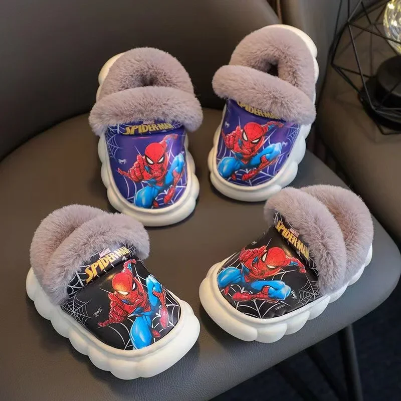 Disney Winter Children Cotton Slippers Kids Cartoon Spider Man Frozen Elsa Non Slip Warm Plush Baby Boys Girls Indoor Home Shoes