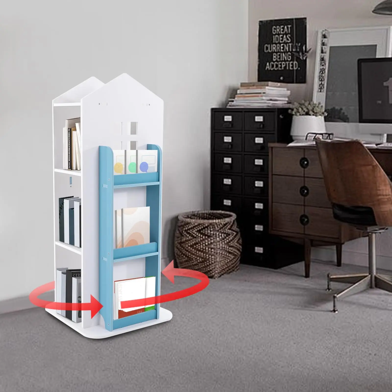 4 livelli 360 °     Scaffale girevole, scaffale per libri castello indipendente Libreria angolare girevole moderna Scaffale salvaspazio per organizzare