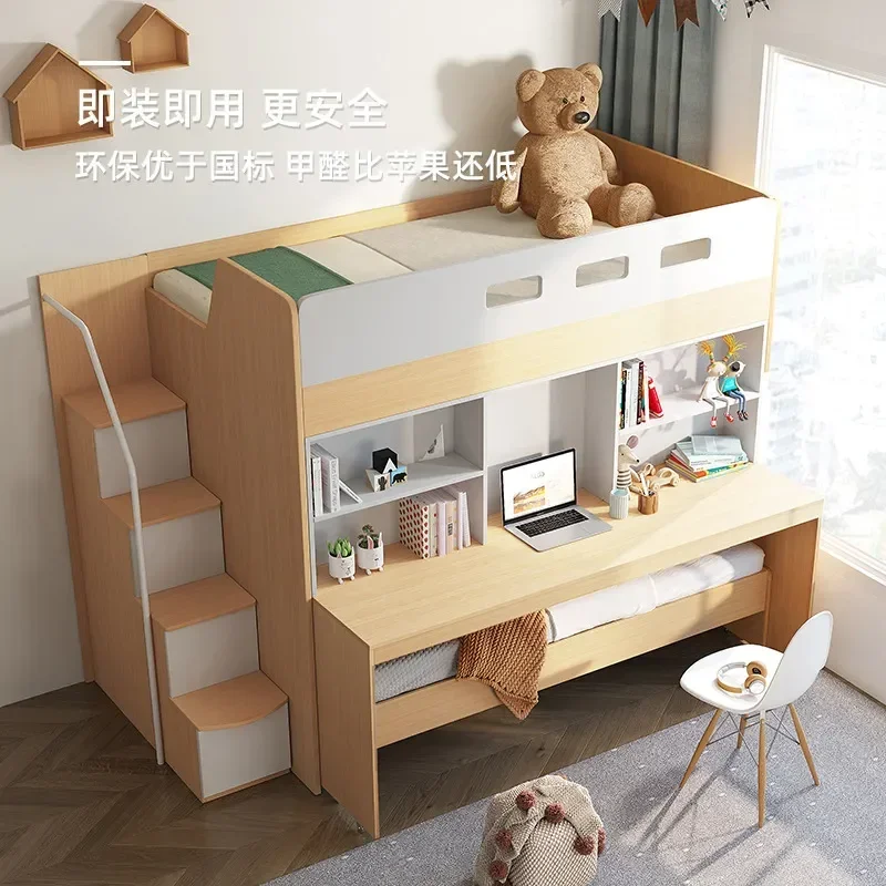 Multifunctional Bunk Bed with Pull Out Trundle and Integrated Desk Space Saving Youth Bedroom Furniture with Storage Cabinet