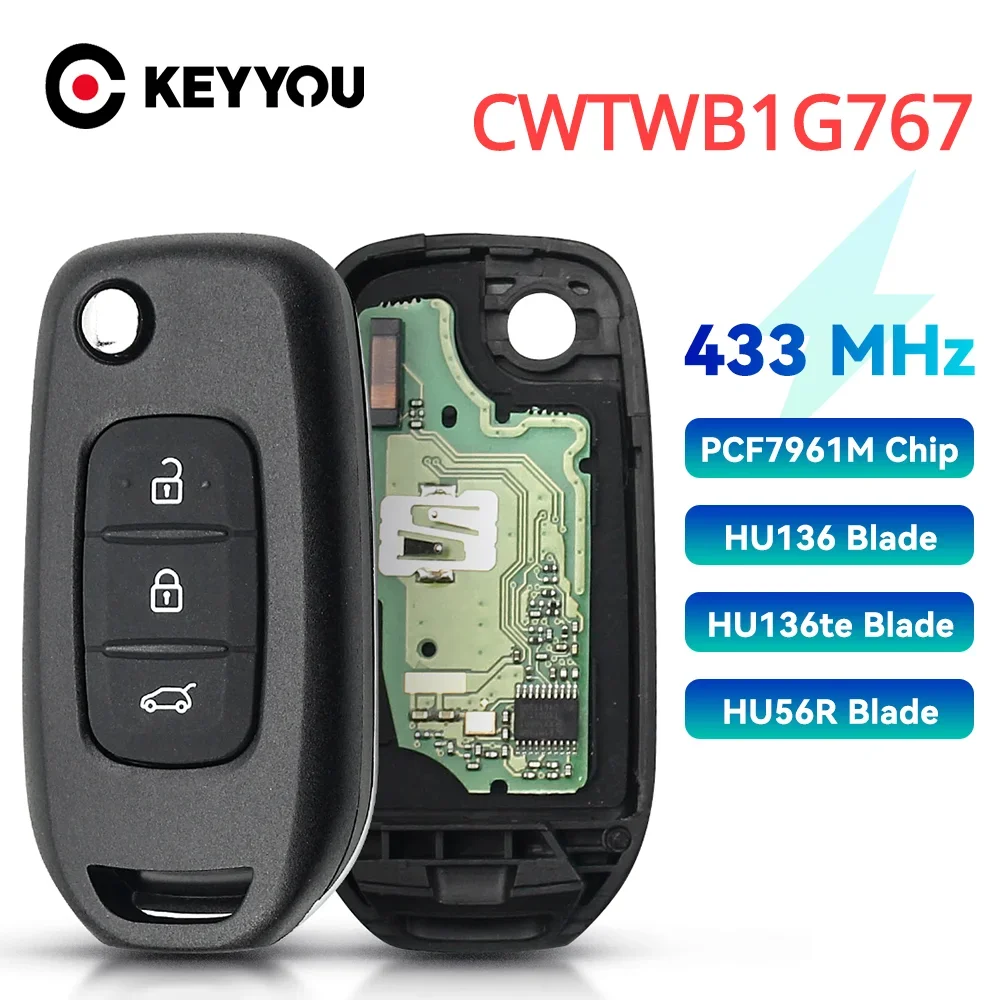KEYYOU CWTWB1G767 Remote Car Key FSK For Renault Kadjar Captur Megane 3 Symbol Logan 2 Sandero 2 Dacia Duster 433MHz PCF7961M 4A