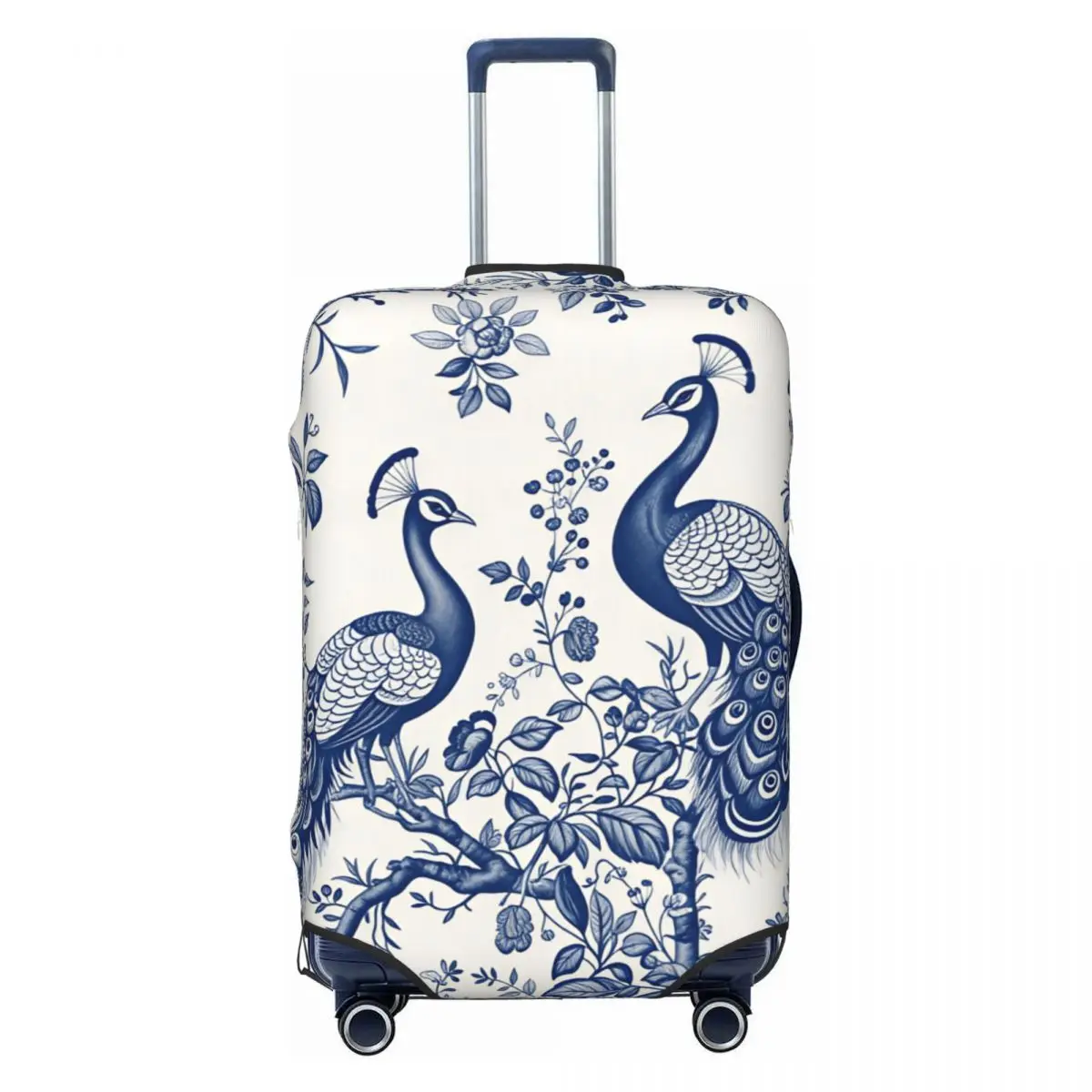 Custom Chinoiserie Blue White Peacock Floral Luggage Cover Protector Elastic Travel Suitcase Covers