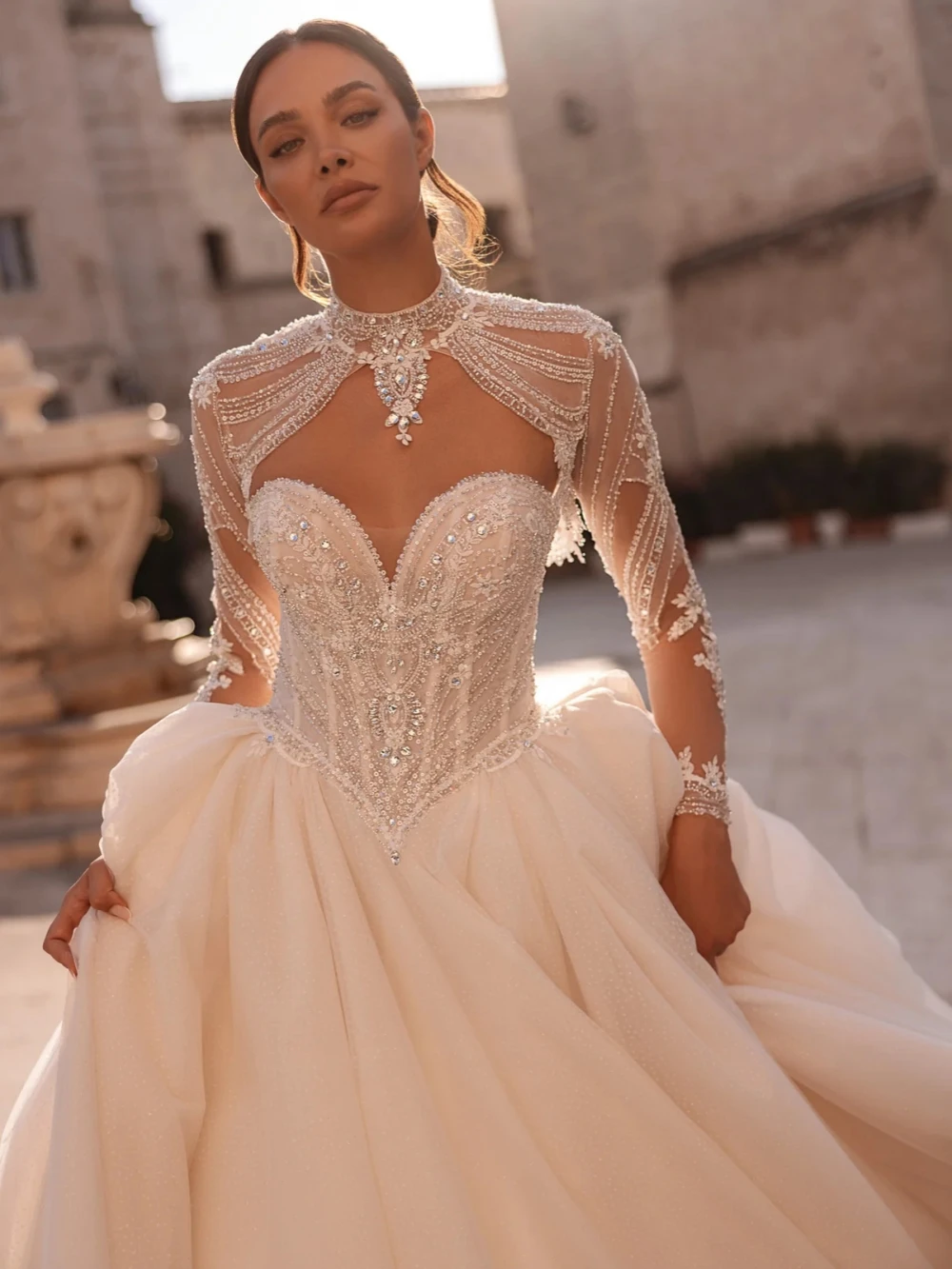 Detachable Sleeve Beaded A-line Long Wedding Dress Glitter Tulle Sweetheart Neck Bridal Gown Customized Ivory Dresses For Bride