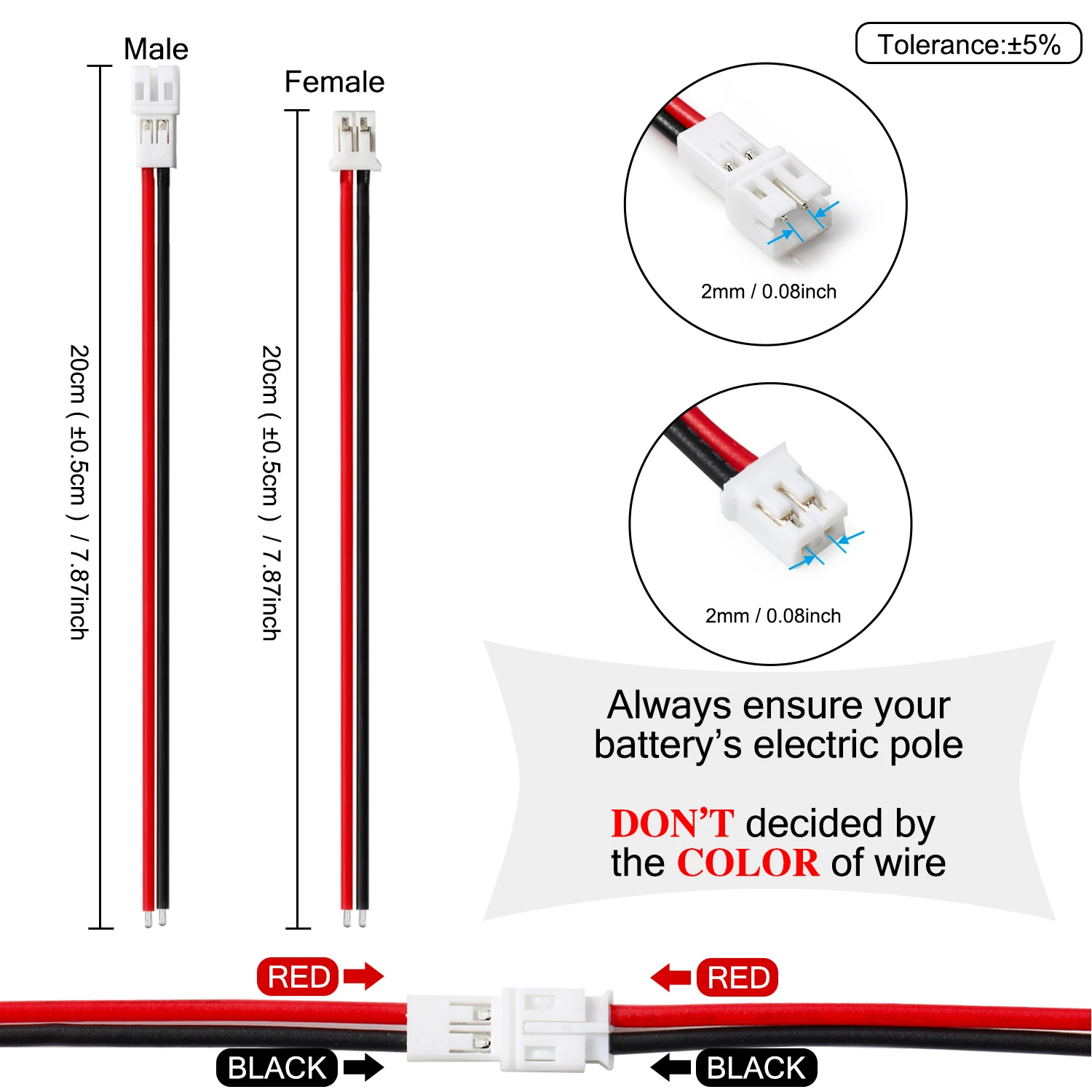 22AWG PH 2mm Connector Cable for JST PH2.0 2.0mm 2 Pin Adapter JST-PH 2Pin Micro Battery Male Female Connect Plug RC Extension