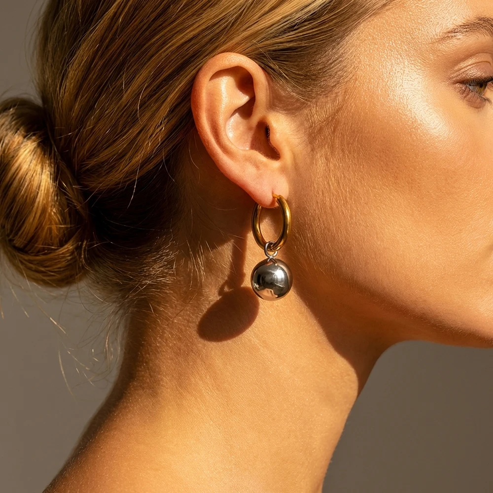 Stainless Steel Silver Color Ball Dangle Hoop Earrings for Women 18K Gold Plated Two-Tone Statement Jewelry Fashion Gifts