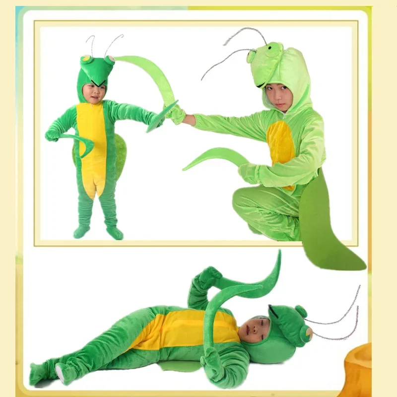 Golden Velvet Pajamas Praying Mantis Animal Insect Fancy Dress Jumpsuit Children Adults Gifts Cosplay Halloween Costume