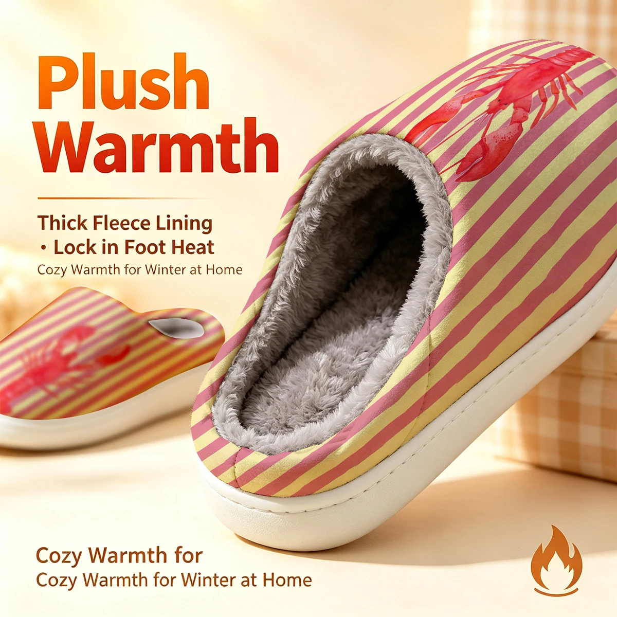Watercolor Lobster Stripe Christmas White Slippers Warm Plush Indoor Shoes Non-Slip Winter Slippers Family Holiday Gifts Soft